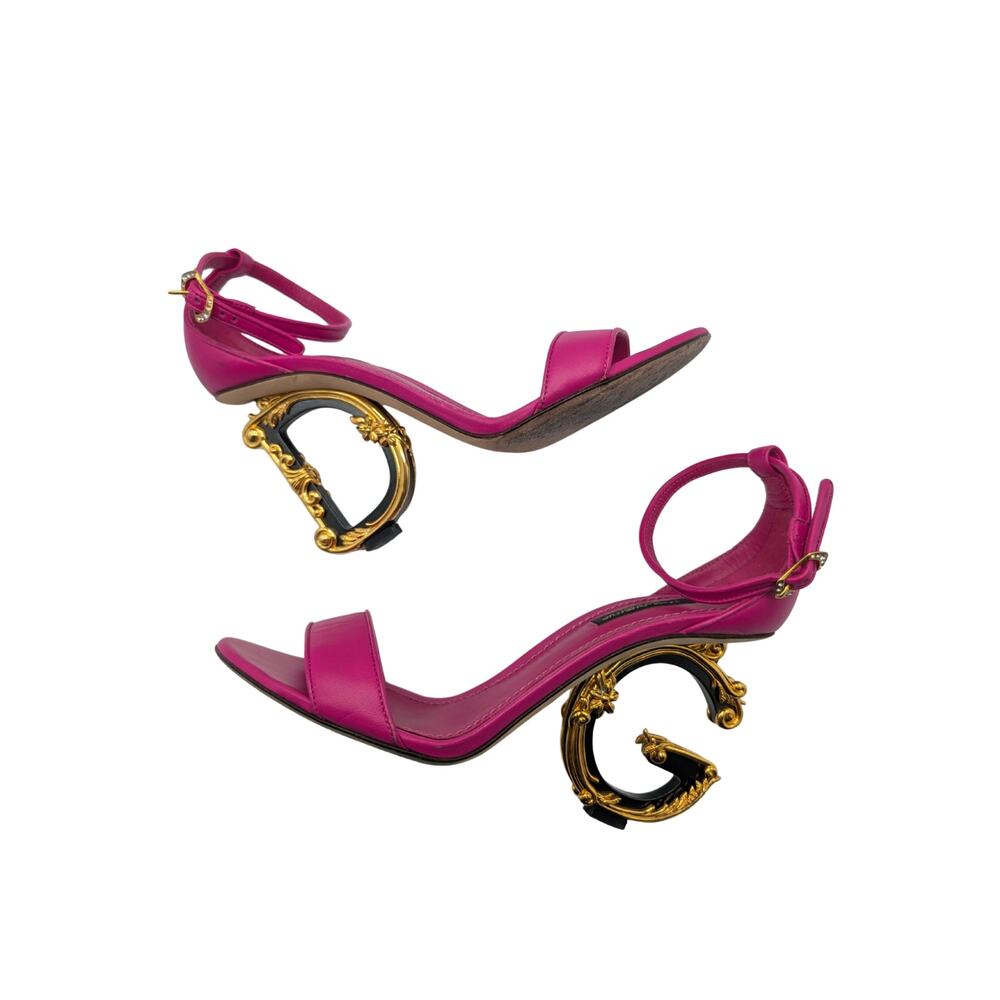 Dolce & Gabbana Baroque Gold DG Fuchsia Leather Sandals Size 37.5
